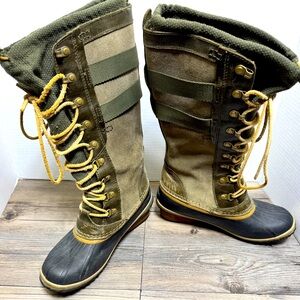 Sorel Olive Green and Yellow Lace-Up Winter Rain Boots